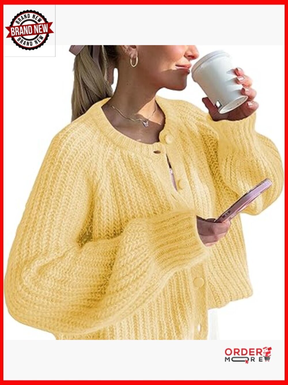 Chunky Knit Crew Neck Button Down Cardigan Open Front Long Sleeve
